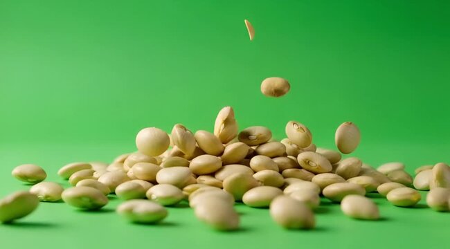 Nutritious light green lima beans falling and forming a small pile on a vibrant green studio background