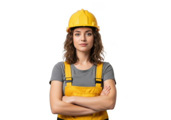 A young woman wearing a yellow hard hat and overalls stands with arms crossed looking forward isolated on transparent background