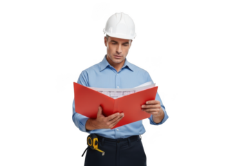 Serious construction worker in hard hat holding and reviewing a red folder with documents isolated on transparent background