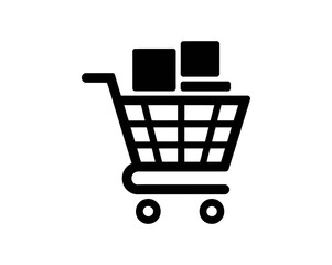 A black shopping cart filled with two square boxes on a white background vector art