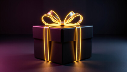 Black gift box with glowing ribbon on dark background 