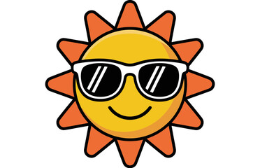 A cartoon sun with orange rays and a yellow face is wearing white sunglasses and smiling