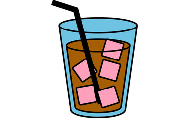 Illustration of a tall glass filled with iced coffee and pink ice cubes with a straw