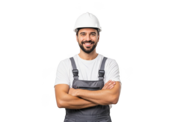 A smiling construction worker wearing a white hard hat and grey overalls stands with arms crossed isolated on transparent background