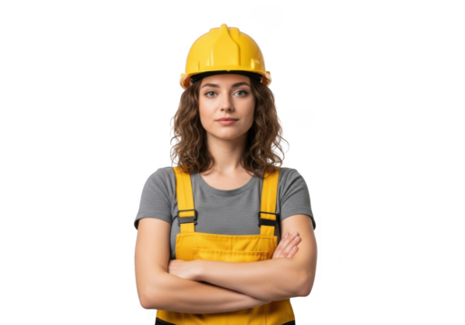 A young woman wearing a yellow hard hat and overalls stands with arms crossed looking forward isolated on transparent background