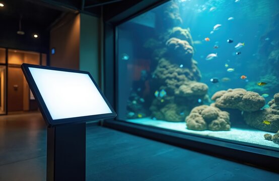 Digital kiosk stands before large aquarium tank. Fish swim among coral structures. Blank screen offers info display for visitors. Modern exhibition space. - Powered by Adobe