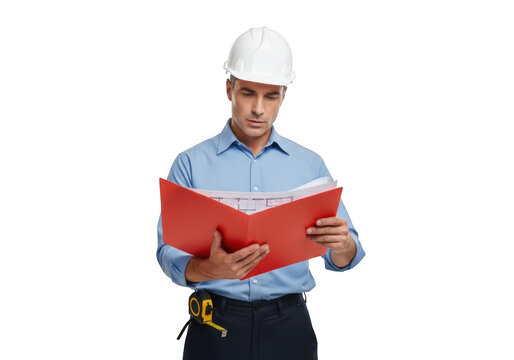 Serious construction worker in hard hat holding and reviewing a red folder with documents isolated on transparent background