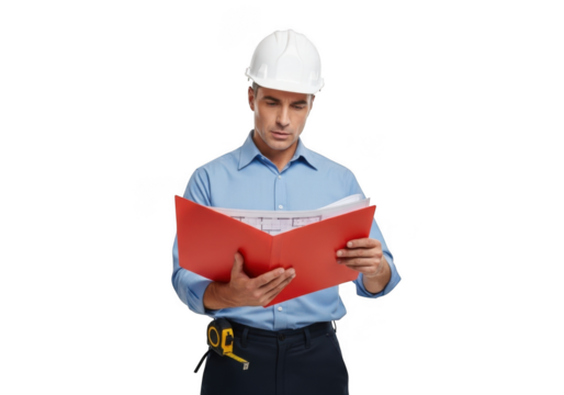 Serious construction worker in hard hat holding and reviewing a red folder with documents isolated on transparent background