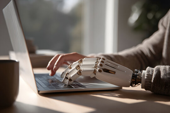 Hand of a robotic arm typing on a laptop during a work session in a bright office space in the afternoon - Powered by Adobe