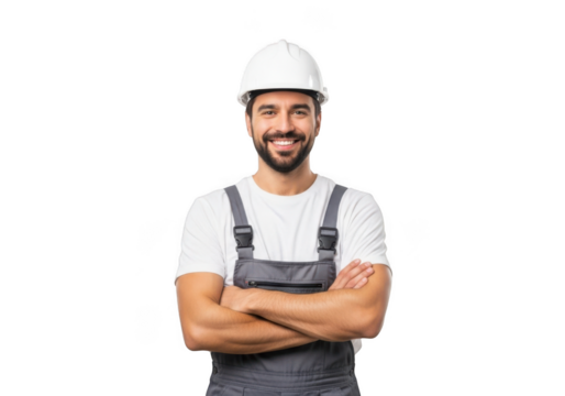 A smiling construction worker wearing a white hard hat and grey overalls stands with arms crossed isolated on transparent background - Powered by Adobe