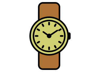 Illustration of a wrist watch with a brown strap and a yellow clock face design