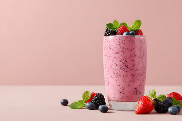 Delicious berry smoothie topped with fresh fruits and mint on a pastel pink background