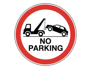 Illustration of a no parking sign with a tow truck and a car being towed away icon
