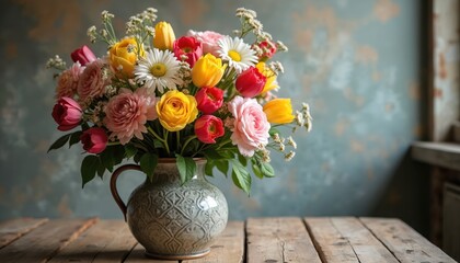 Colorful flower bouquet in vase sits on table. Roses tulips daisies bloom indoors. Floral arrangement adds beauty, fragrance to home decor. Gift for celebration, Mothers Day occasion. Spring coming.