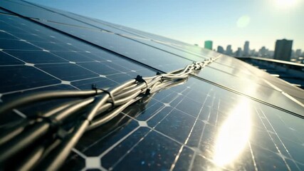 Rooftop Solar Panels Reflecting Sunlight Capturing Renewable Energy with Cables Swaying in Breeze Against City Skyline - Powered by Adobe