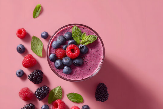 Delicious berry smoothie topped with fresh fruits and mint on a pastel pink background - Powered by Adobe