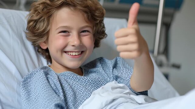 A young boy is smiling and giving a thumbs up while laying in a hospital bed. The boy is wearing a blue hospital gown and he is happy despite being in a hospital setting
