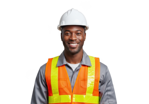 A smiling african american construction worker wearing a white hard hat and a bright orange safety vest isolated on transparent background - Powered by Adobe