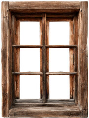 A Close-Up View of a Rustic Wooden Window Frame with Six Panes and a Natural Aged Finish on Transparent Background