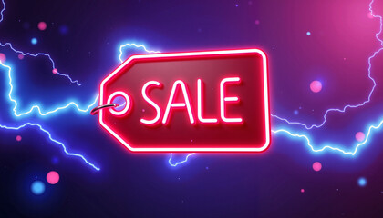 Neon sale tag on colorful background with electric effects  