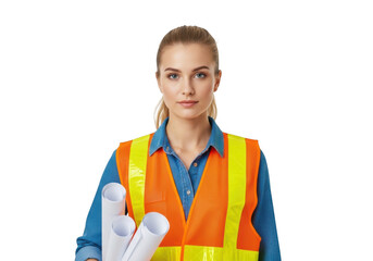 Professional female architect or engineer wearing high visibility vest holding blueprints isolated on transparent background