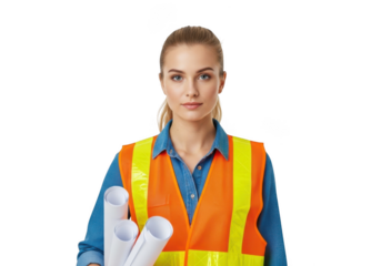 Professional female architect or engineer wearing high visibility vest holding blueprints isolated on transparent background