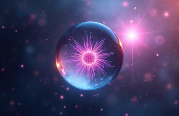 Abstract visual art of glowing sphere containing a core. Bright starburst radiates energy around it. The digital art shows a tech futuristic concept.