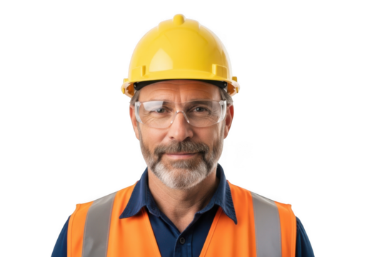 Mature male construction worker wearing yellow hard hat safety glasses and orange vest isolated on transparent background - Powered by Adobe