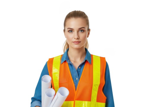 Professional female architect or engineer wearing high visibility vest holding blueprints isolated on transparent background