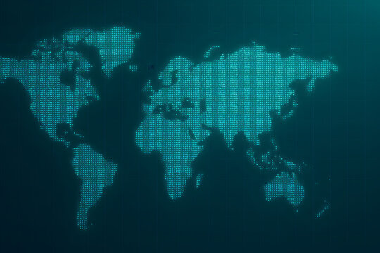 Digital world map made of glowing dots on dark grid background representing global data networks, cybersecurity systems, and futuristic technology infrastructure
 - Powered by Adobe