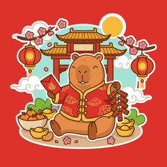 Festive Capybara Celebrating Lunar New Year with Red Envelope and Firecrackers