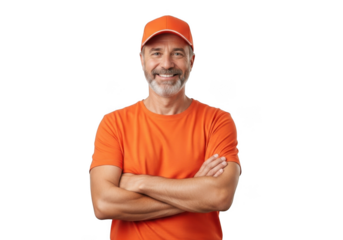 Smiling middle aged man with beard wearing an orange t shirt and cap with arms crossed isolated on transparent background