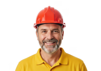 Smiling construction worker wearing a bright orange hard hat and yellow collared shirt isolated on transparent background