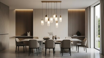 Fototapeta premium Elegant dining room with a stylish modern chandelier and comfortable seating, illuminated by soft ambient light