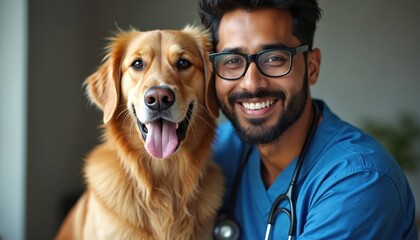 Happy Indian male veterinarian with glasses smiles warmly, posing proudly with friendly golden retriever dog. Wears blue medical scrubs, stethoscope. Doctor offers pro pet healthcare, ensuring animal