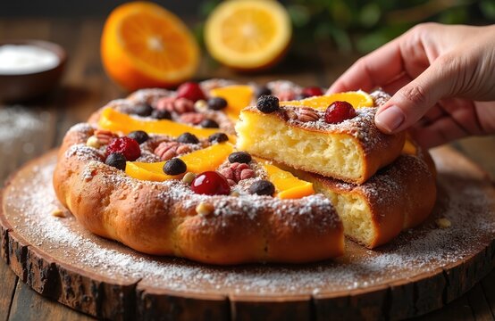 Traditional Spanish San Juan cake served on wooden board. Sweet brioche bread baked with candied fruits, nuts, orange slices. Slice taken, revealing soft texture. Festive dessert celebrates summer