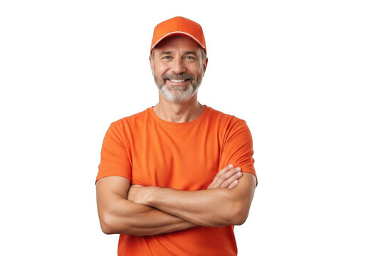 Smiling middle aged man with beard wearing an orange t shirt and cap with arms crossed isolated on transparent background