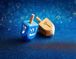 Hanukkah Celebration: Two Dreidels on a Star-Studded Blue Backdrop for a Festive Holiday Spirit.