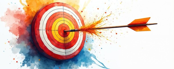 Watercolor target with arrow hitting bullseye. Colorful illustration of success and achievement with vibrant splash. Abstract art of goal and motivation with sharp arrow.