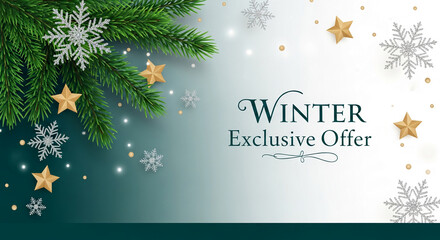 Image with pine branch, snowflake, and star decorations. Concept of winter holidays and sale event, festive and elegant, ideal for seasonal promotion