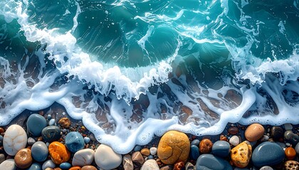 Waves crashing on a colorful, rocky shore create a vibrant blend of textures, colors, and movement