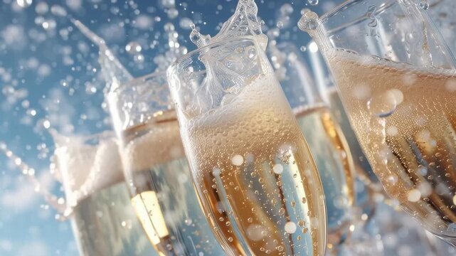 Three champagne glasses are filled with bubbles and are being poured into each other. Concept of celebration and joy, as the glasses are being filled with sparkling champagne