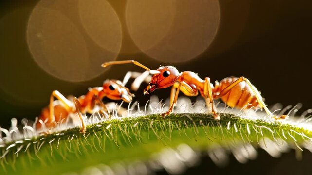 Macro shot of two red weaver ants on green leaf with backlit sunlight showing detailed insect communication and cooperation in natural habitat