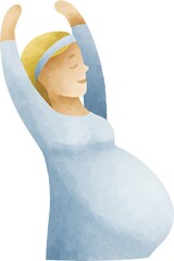 Pregnant woman stretching arms upward with a serene expression  