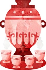 Traditional Russian samovar with tea cups in red color scheme  