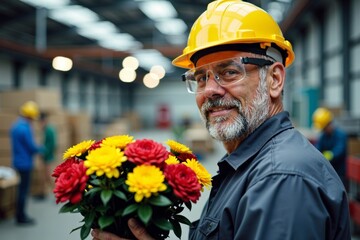 Mature Caucasian man donning protective gear in industrial environment while carrying vibrant bouquet of flowers.