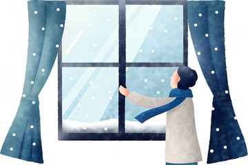Woman closing a window against the snow, polka dot curtains, cold home atmosphere