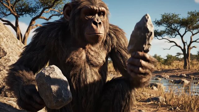 Realistic cinematic close up of chimpanzee holding stone tool in African savanna landscape symbolizing early human evolution and primitive intelligence discovery