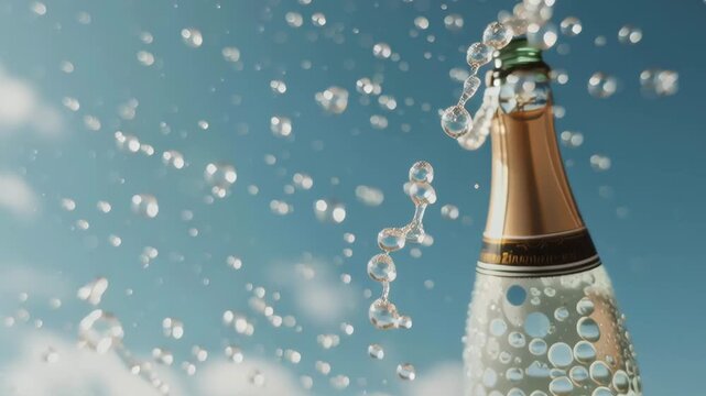 A bottle of champagne is opened and the bubbles are rising to the top. The bottle is half full and the bubbles are coming out of the top