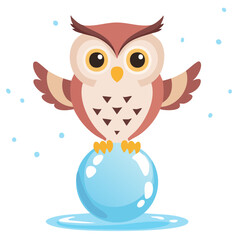 Fototapeta premium Cute Owl Sitting on Ice Ball – Winter Cozy Vector Illustration